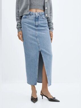 MANGO Denim Maxi Skirt | High Waisted Blue Jean Skirt | Front Slit | Casual Chic